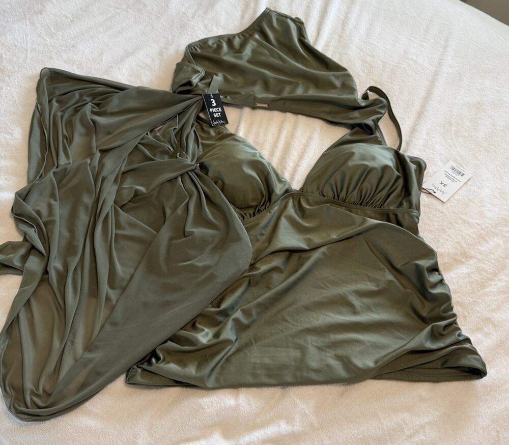 Nicole Miller Studio 3X Green Tankini Swimsuit 2PC With Mesh Sarong Vacation